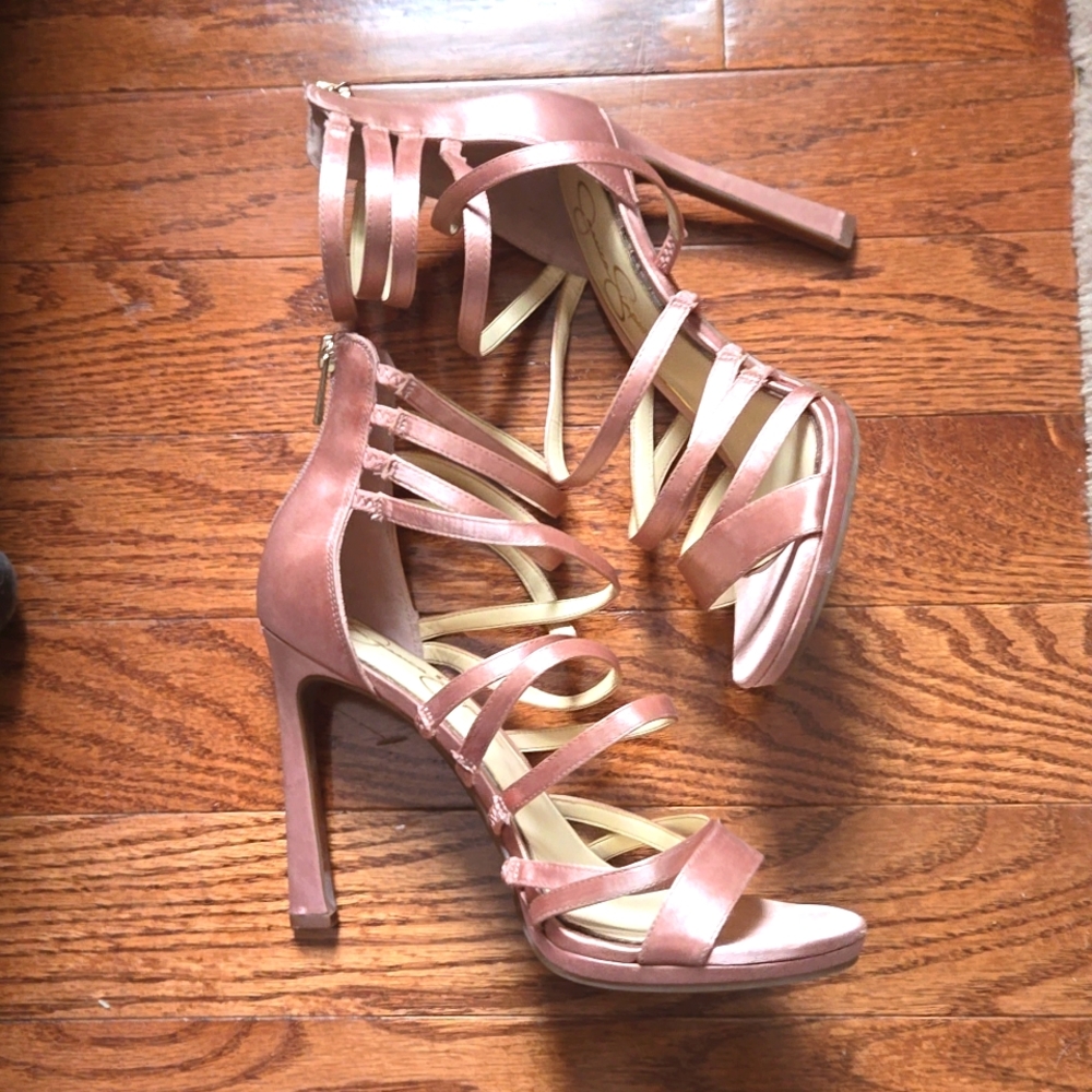 Pair of Size 9.5 Strappy Blush Pink Jessica Simpson 4in Heels with Zippered Back